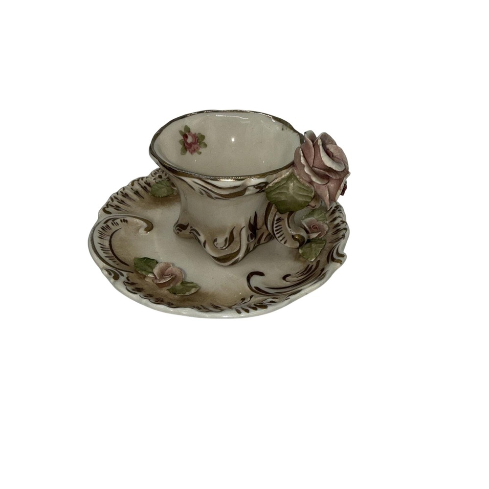 RARE‎ Vtg.Ornate Cordey China Co. Sculptured Roses Embossed Demitasse Cup Set